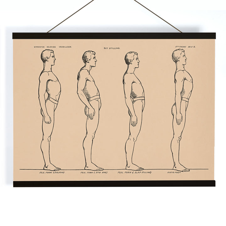 N.C. Roms Standing posture study poster with four side view figures in black line on beige background, with wooden magnetic frame on white background
