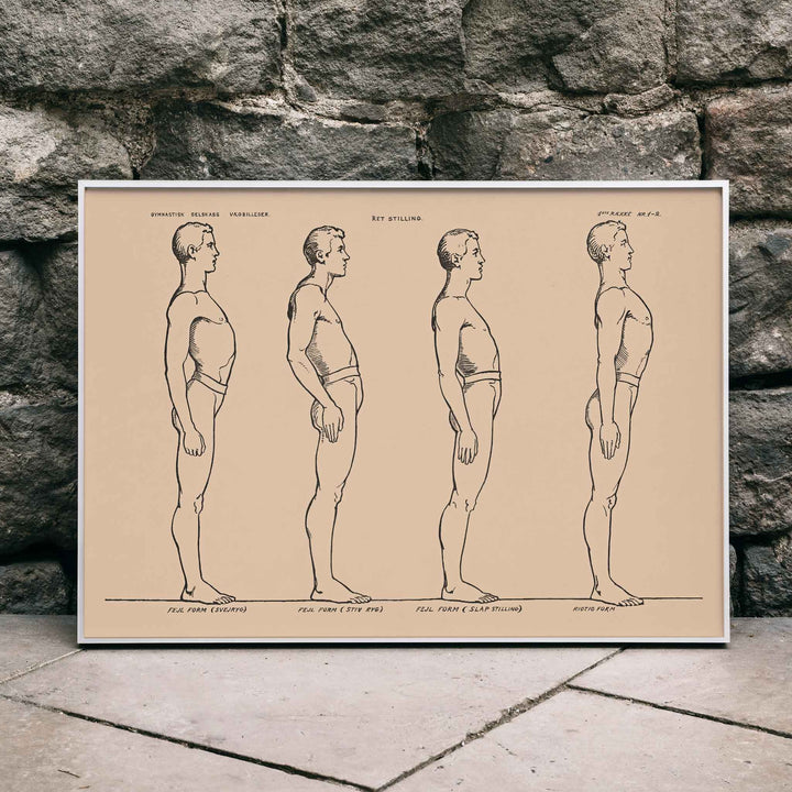 N.C. Roms Standing posture study poster with four side view figures in black line on beige background, framed and displayed in home decor