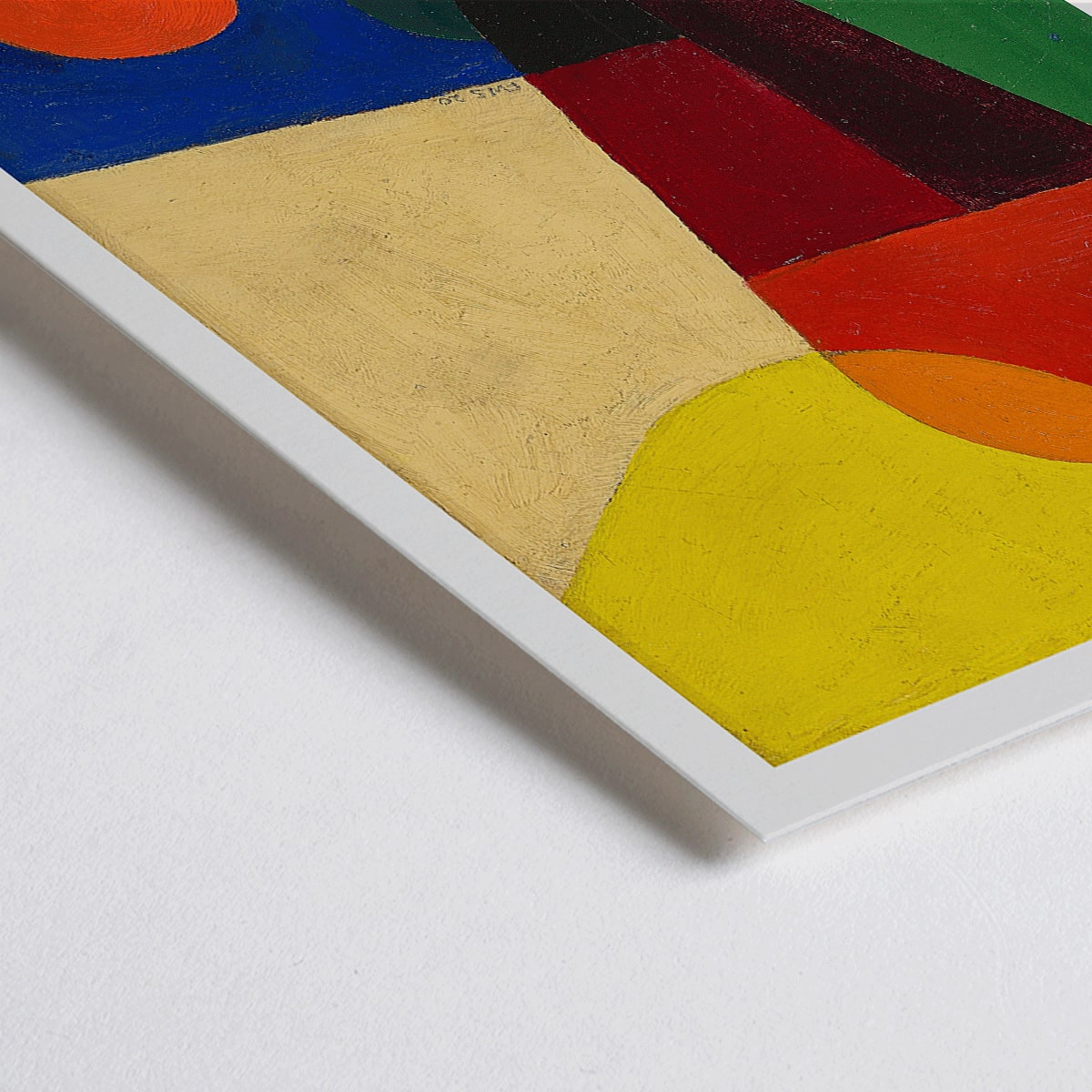 Closeup detail of Colorful abstract geometric art poster titled Stark abstrahierte Halbfigur by Franz Wilhelm Seiwert