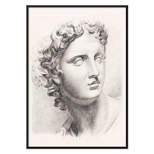 Academy study of a mans head after a plaster cast antique statue by Johannes Tavenraat detailed drawing and poster, with black aluminium frame on white background