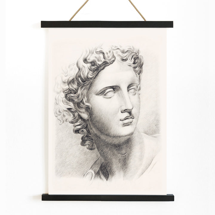 Academy study of a mans head after a plaster cast antique statue by Johannes Tavenraat detailed drawing and poster, with wooden magnetic frame on white background