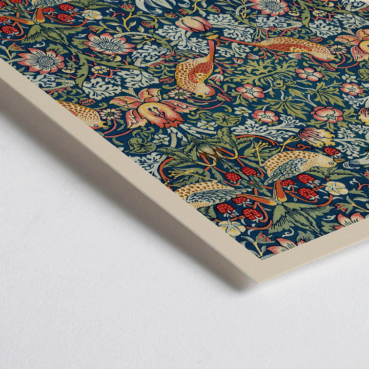 Closeup detail of Strawberry Thief by William Morris ornate floral and bird pattern artwork poster with intricate designs and rich colors