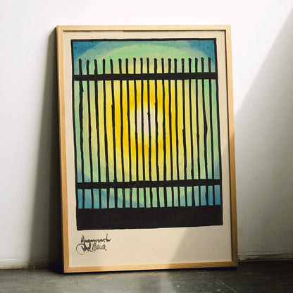 Abstract sun and colorful bars with bright center in Gegenwart artwork by Karl Wiener modern decor poster, framed and displayed in modern living room decor