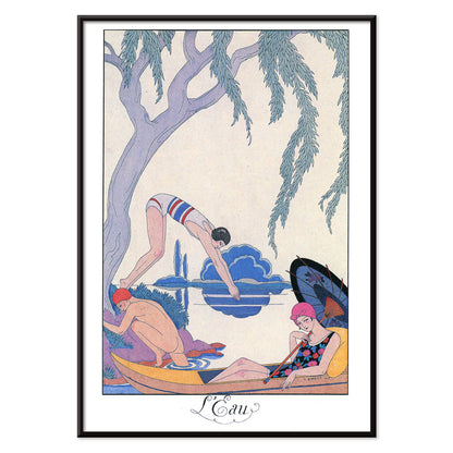 Art deco poster L Eau by George Barbier with three people in swimwear relaxing and boating by a riverside, with black aluminium frame on white background
