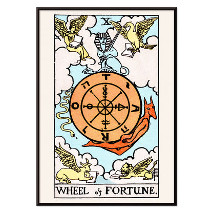 Tarot The Wheel Of Fortune by Rider Waite featuring a mystical wheel surrounded by mythical creatures poster and card artwork, with black aluminium frame on white background