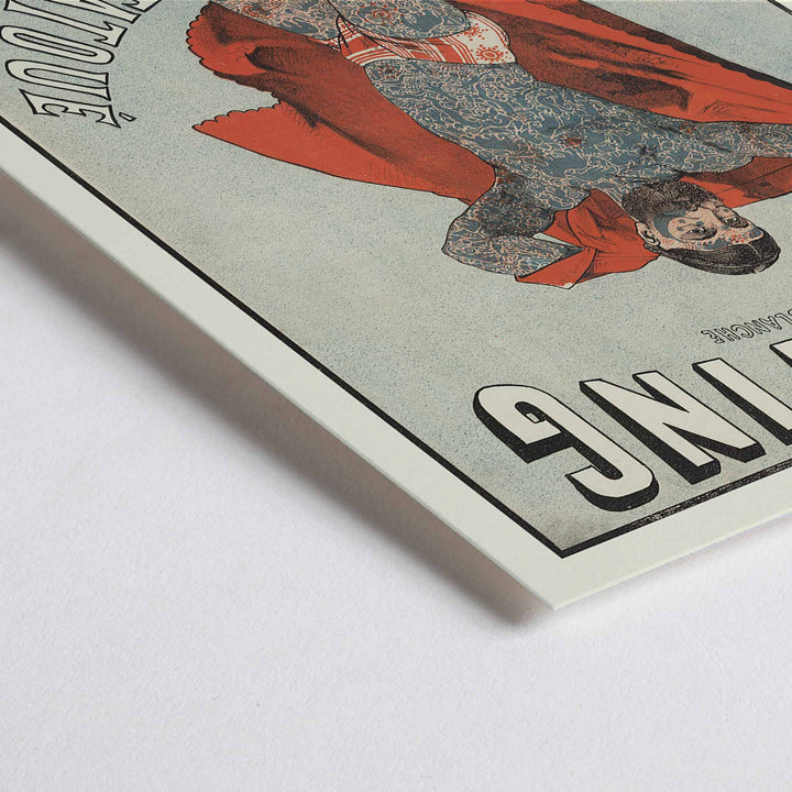 Closeup detail of Emile Levy Skating de la Rue Blanche The Tattooed Man vintage lithograph poster with red drape