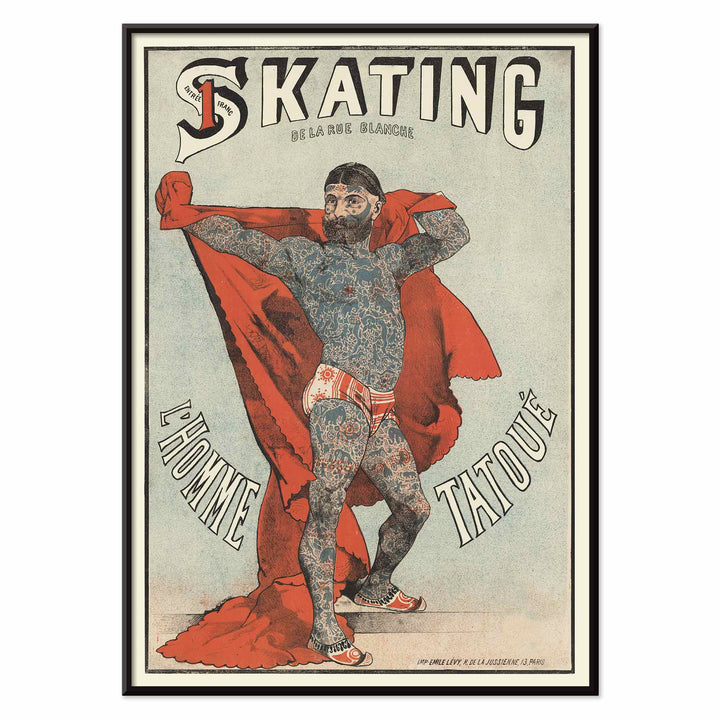 Emile Levy Skating de la Rue Blanche The Tattooed Man vintage lithograph poster with red drape, with black aluminium frame on white background