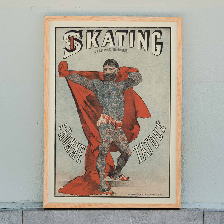Emile Levy Skating de la Rue Blanche The Tattooed Man vintage lithograph poster with red drape, framed and displayed in home decor