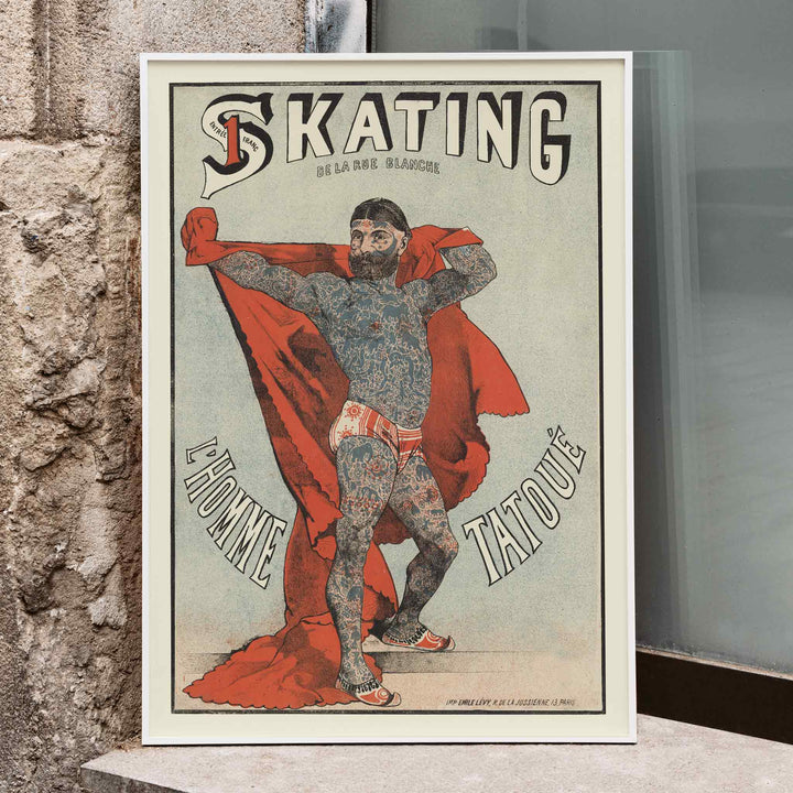 Emile Levy Skating de la Rue Blanche The Tattooed Man vintage lithograph poster with red drape, framed and displayed in modern living room decor