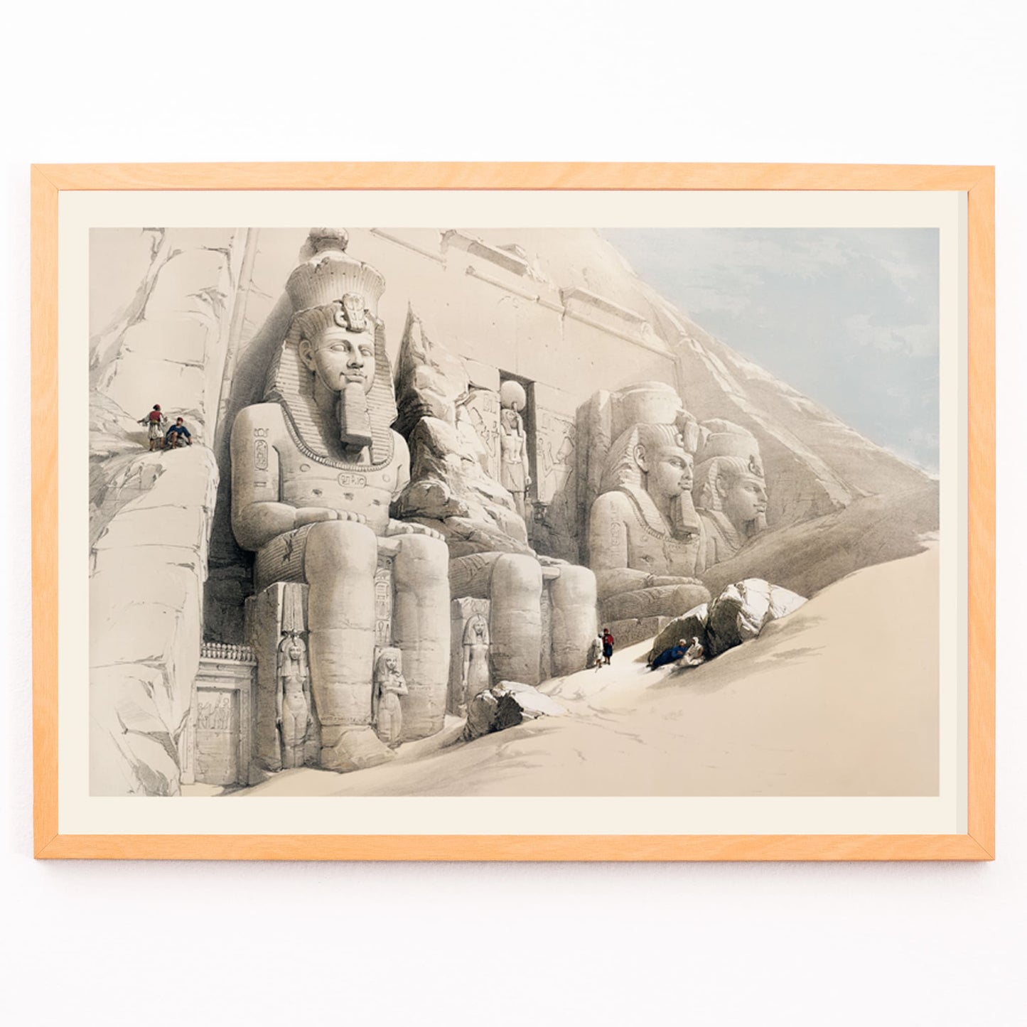 Closeup detail of Ancient Egyptian temple with colossal statues at Abu Simbel by David Roberts poster featuring The Great Temple and ancient Egyptian architecture