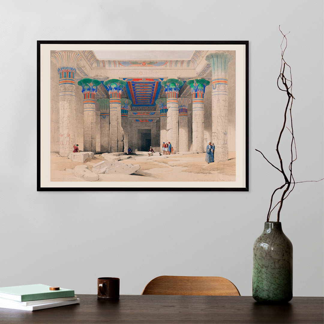 Colorful columns ancient ruins and Egyptian temple pillars with people in Grand Portico of the Temple of Philae by David Roberts, framed and displayed in home decor
