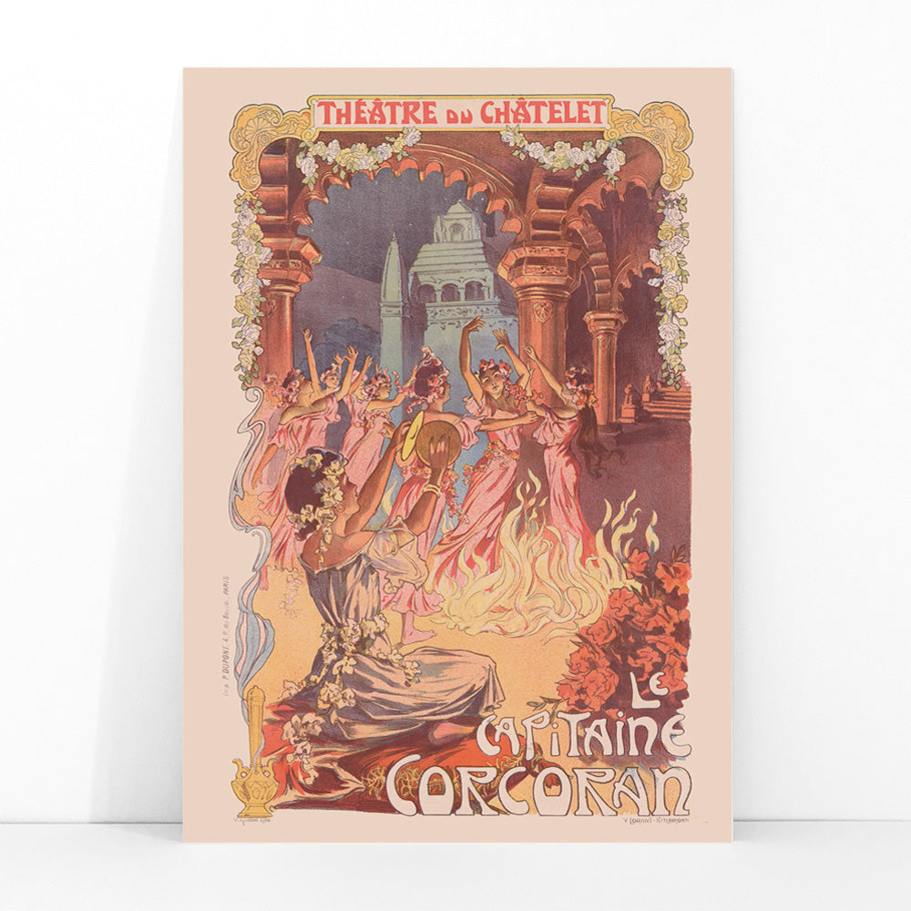 Vintage theater poster women dancing around a fire with floral decorations by Vincent Lorant-Heilbronn for Le Capitaine Corcoran at Théâtre du Châtelet, framed and displayed in modern living room decor