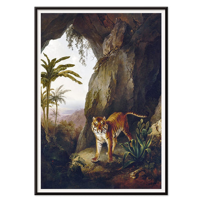 Tiger in a Cave painting by Jacques Laurent Agasse showing a tiger standing in a cave entrance surrounded by lush vegetation, with black aluminium frame on white background