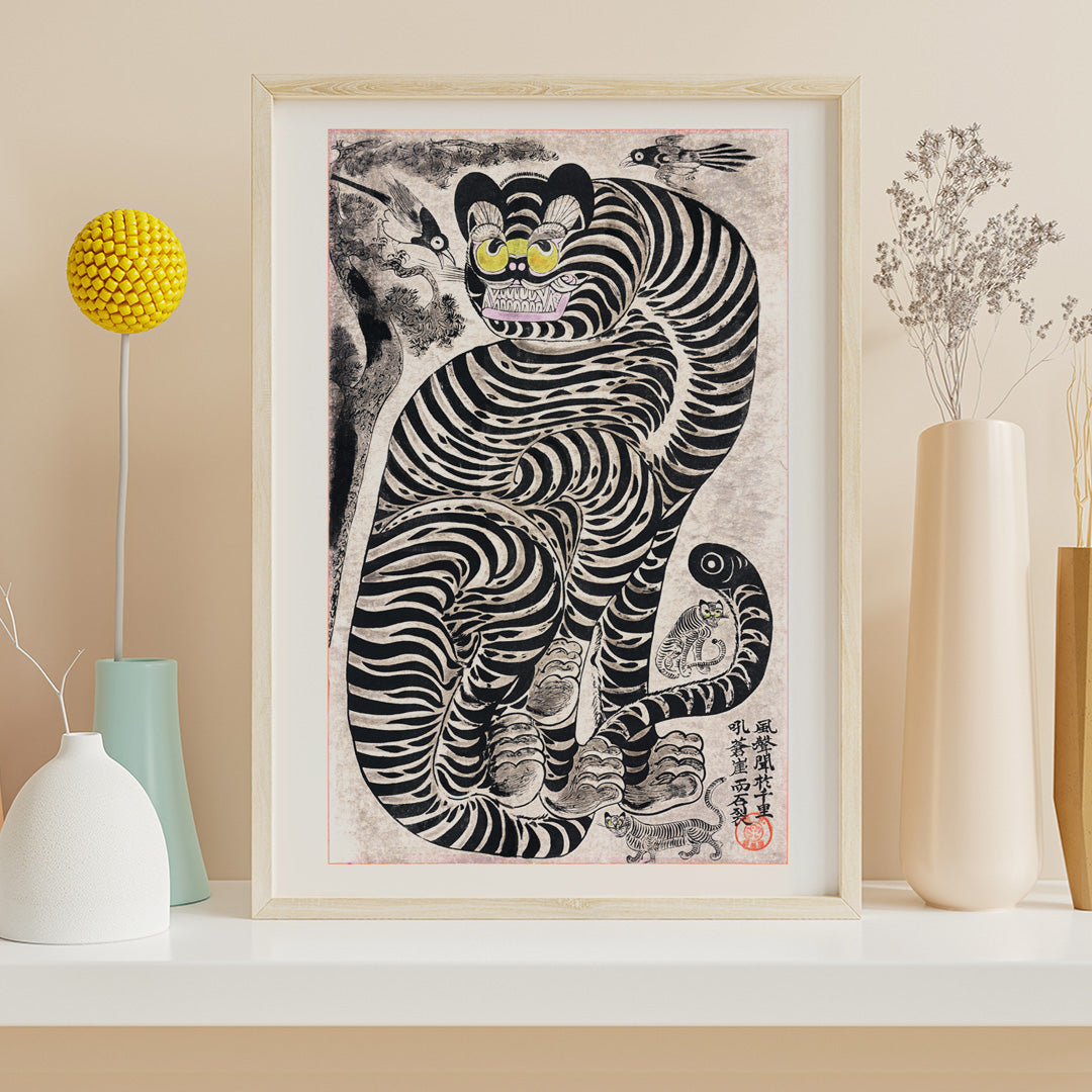 Vintage Japanese style poster of a bold striped tiger with birds by Talismanic tiger perfect for home wall decor, framed and displayed in home decor