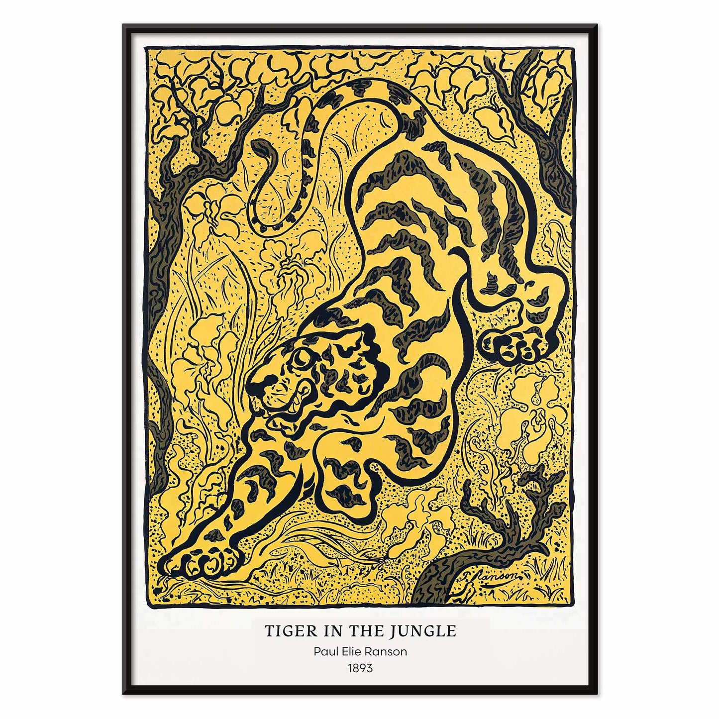 Tiger in the Jungle by Paul Ranson stylized illustration and poster of a tiger prowling through dense jungle foliage, with black aluminium frame on white background