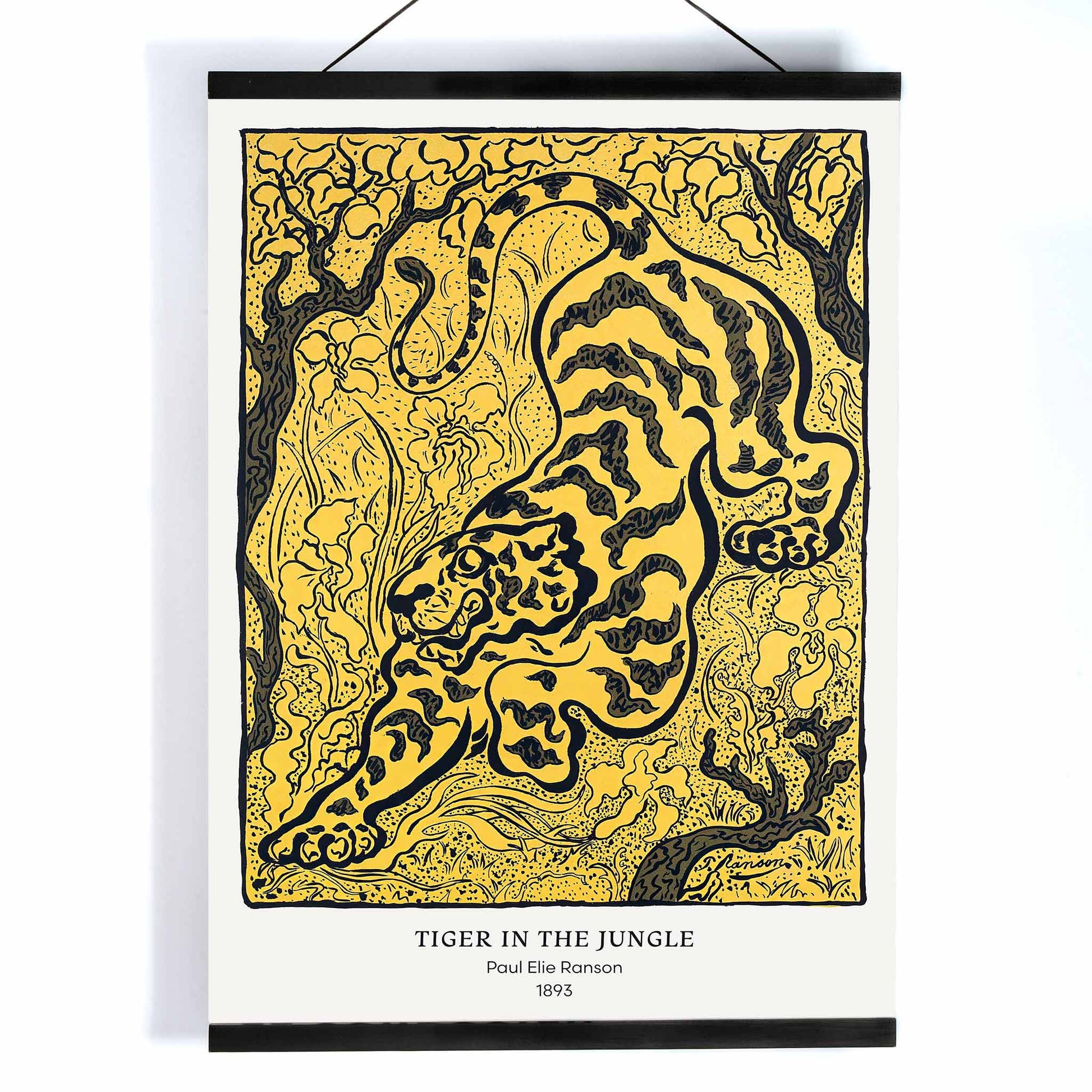 Tiger in the Jungle by Paul Ranson stylized illustration and poster of a tiger prowling through dense jungle foliage, with wooden magnetic frame on white background