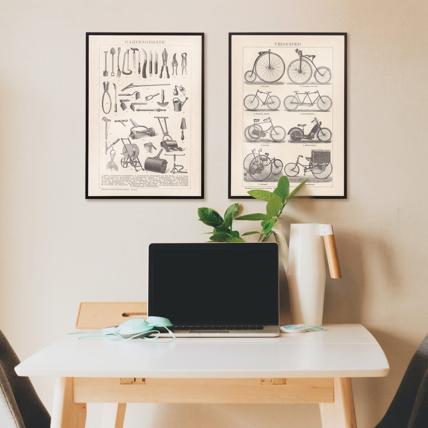 Vintage gardening tools illustration and poster lineup by Bibliographic institute of Liepzig Gartengeräte, framed and displayed in home decor