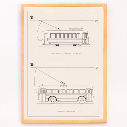 Closeup detail of Technical drawings poster of tram Tranvia Serie 701 712 and trolleybus Trolebus Serie 550 589 by Maquitrans