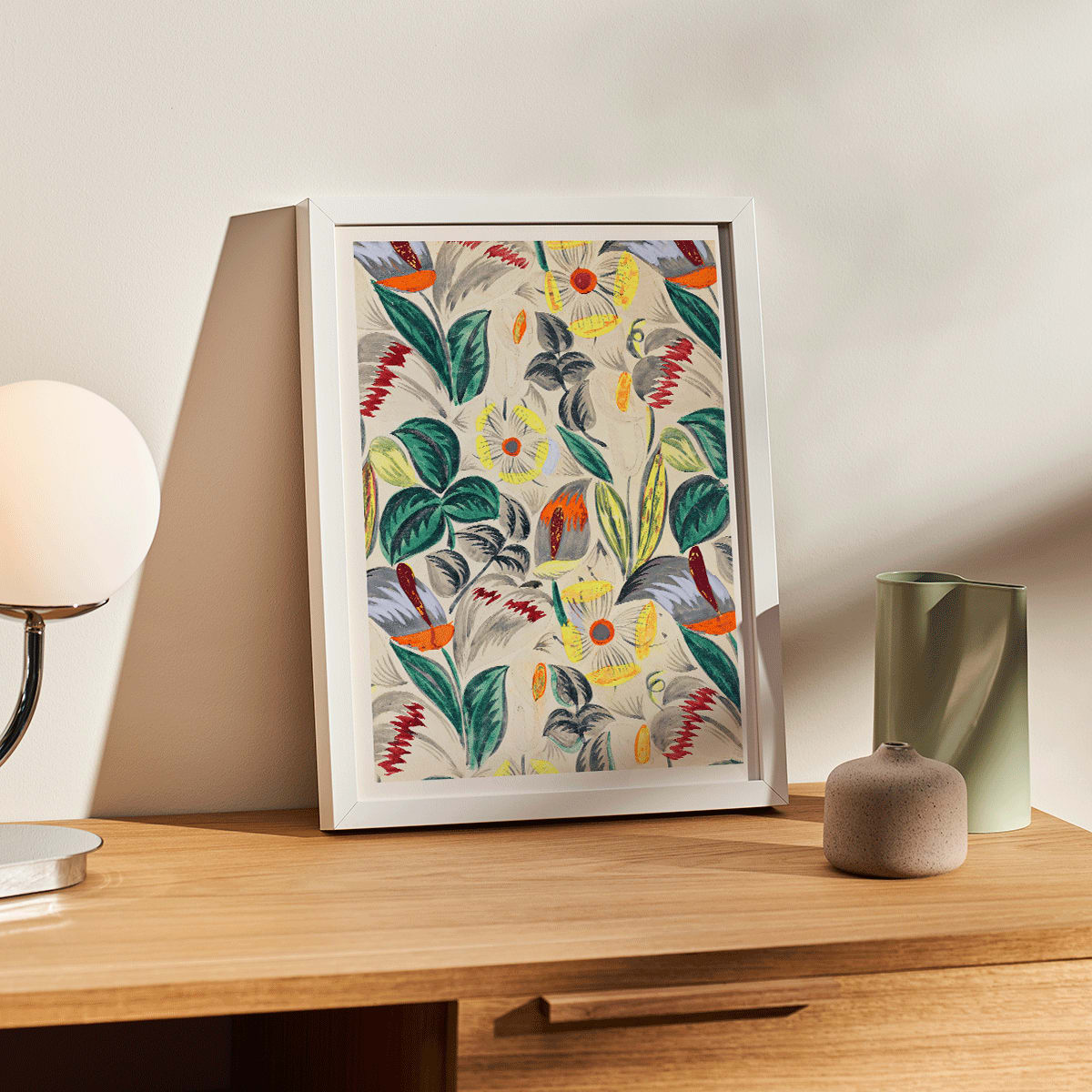 Vibrant tropical flowers and lush greenery textile design pattern titled Tropical Flowers II colorful foliage and blossoms poster, framed and displayed in modern living room decor
