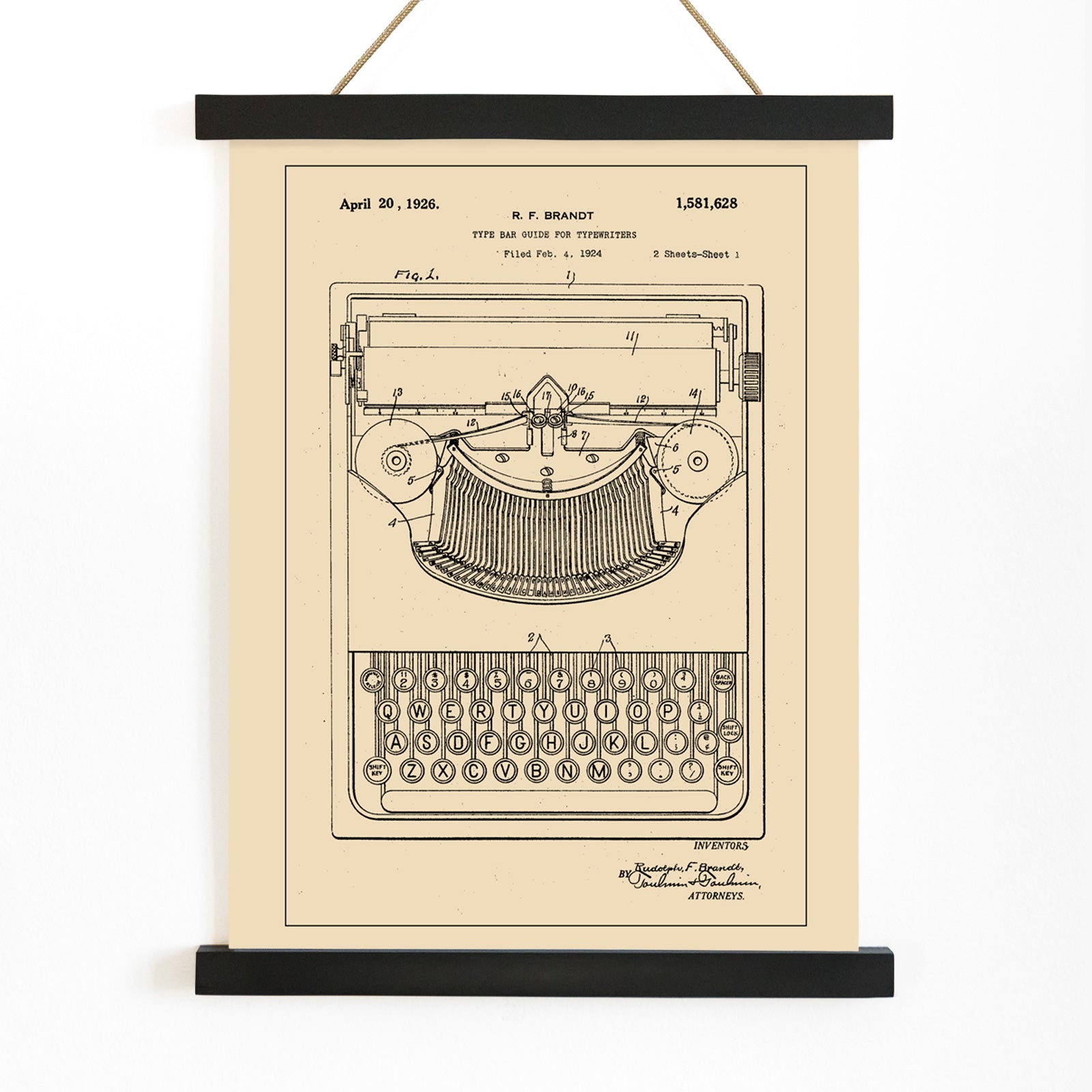 Vintage typewriter patent illustration by R F Brandt with technical details and drawing, with wooden magnetic frame on white background