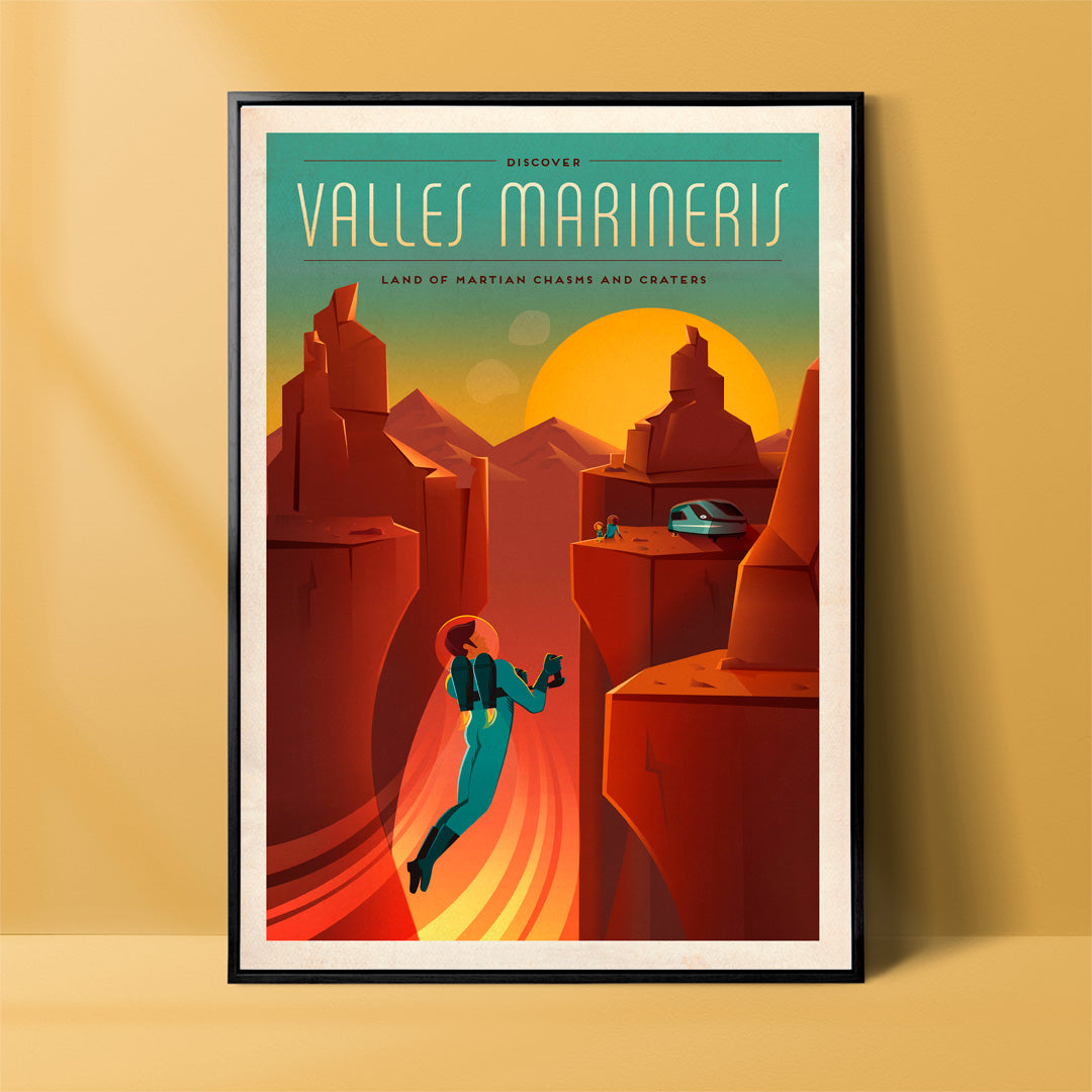 Astronaut exploring red Martian canyons at sunset in Valles Marineris by SpaceX poster, framed and displayed in home decor