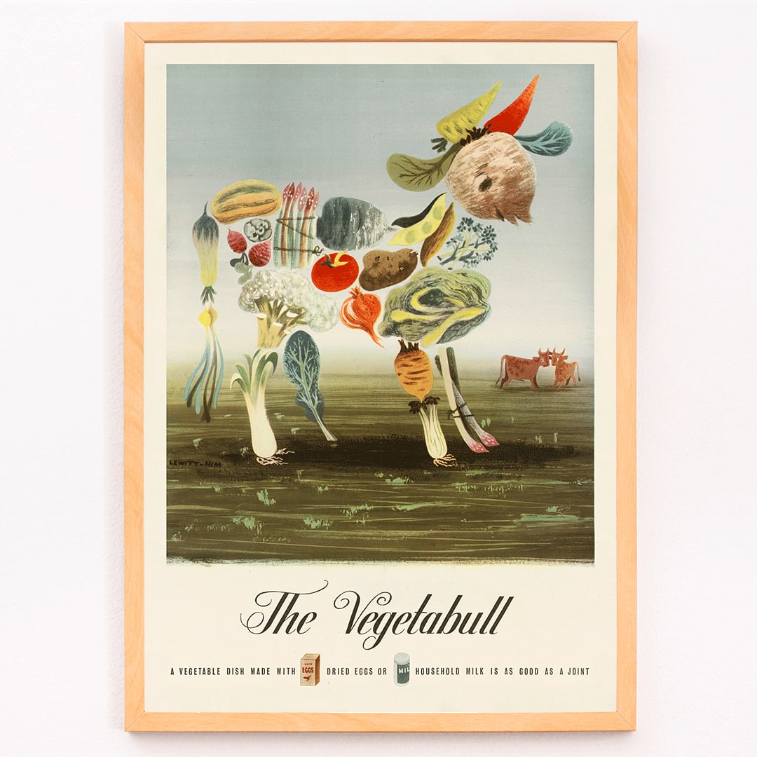 The Vegetabull by Lewitt-Him painting and poster showing a bull made of vegetables on grass background, framed and displayed in modern living room decor