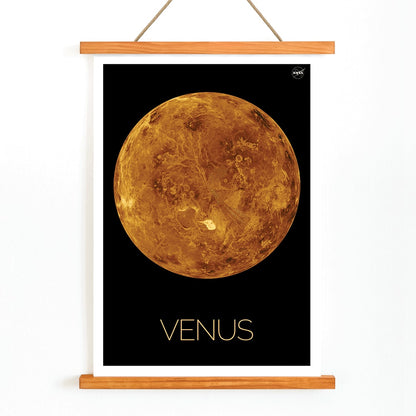 Planet Venus illustration and poster by NASA showing a detailed orange and brown view of the planet on a black background, with wooden magnetic frame on white background