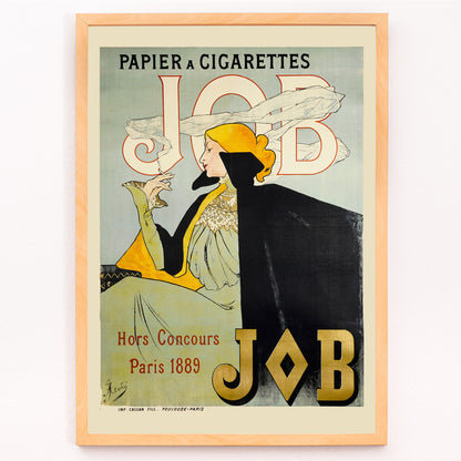 Closeup detail of Elegant woman in fashionable attire smoking cigarette vintage art nouveau poster by Jane Atche Papier A Cigarettes Job
