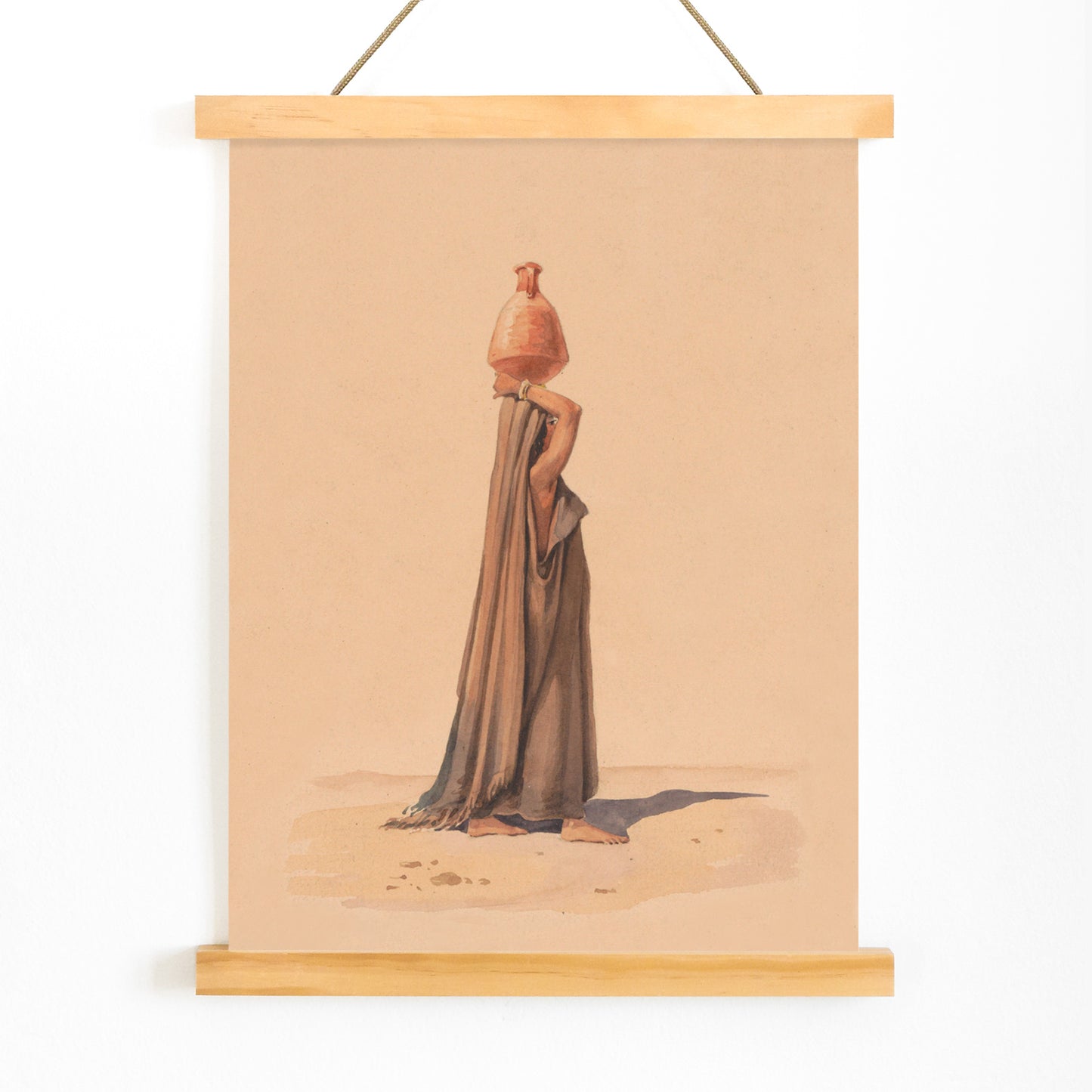 Water carrier by Emile Prisse dAvennes woman in traditional attire carrying water jug on head in desert scene artwork, with wooden magnetic frame on white background