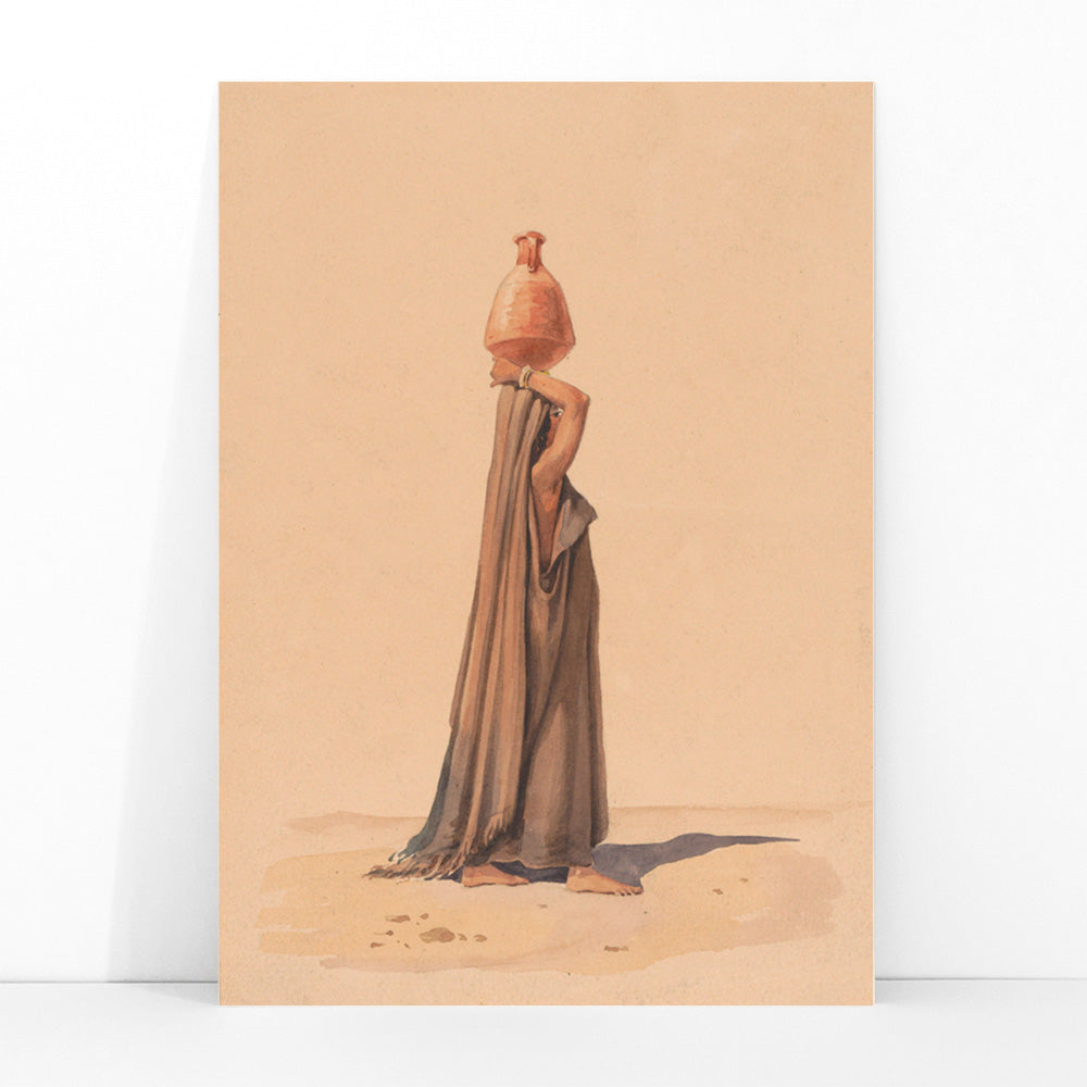 Water carrier by Emile Prisse dAvennes woman in traditional attire carrying water jug on head in desert scene artwork, framed and displayed in modern living room decor