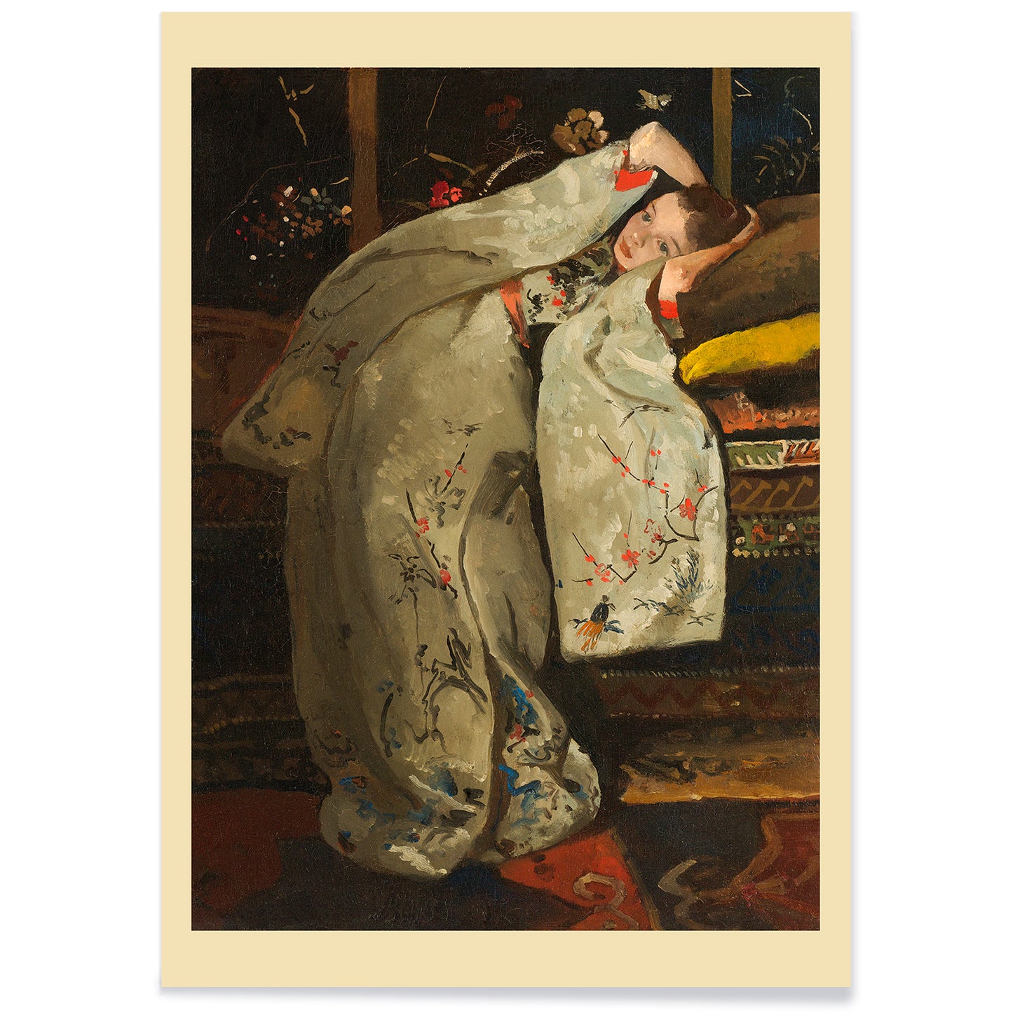 Girl in a white kimono resting on a couch artwork by George Hendrik Breitner painting poster, with black aluminium frame on white background