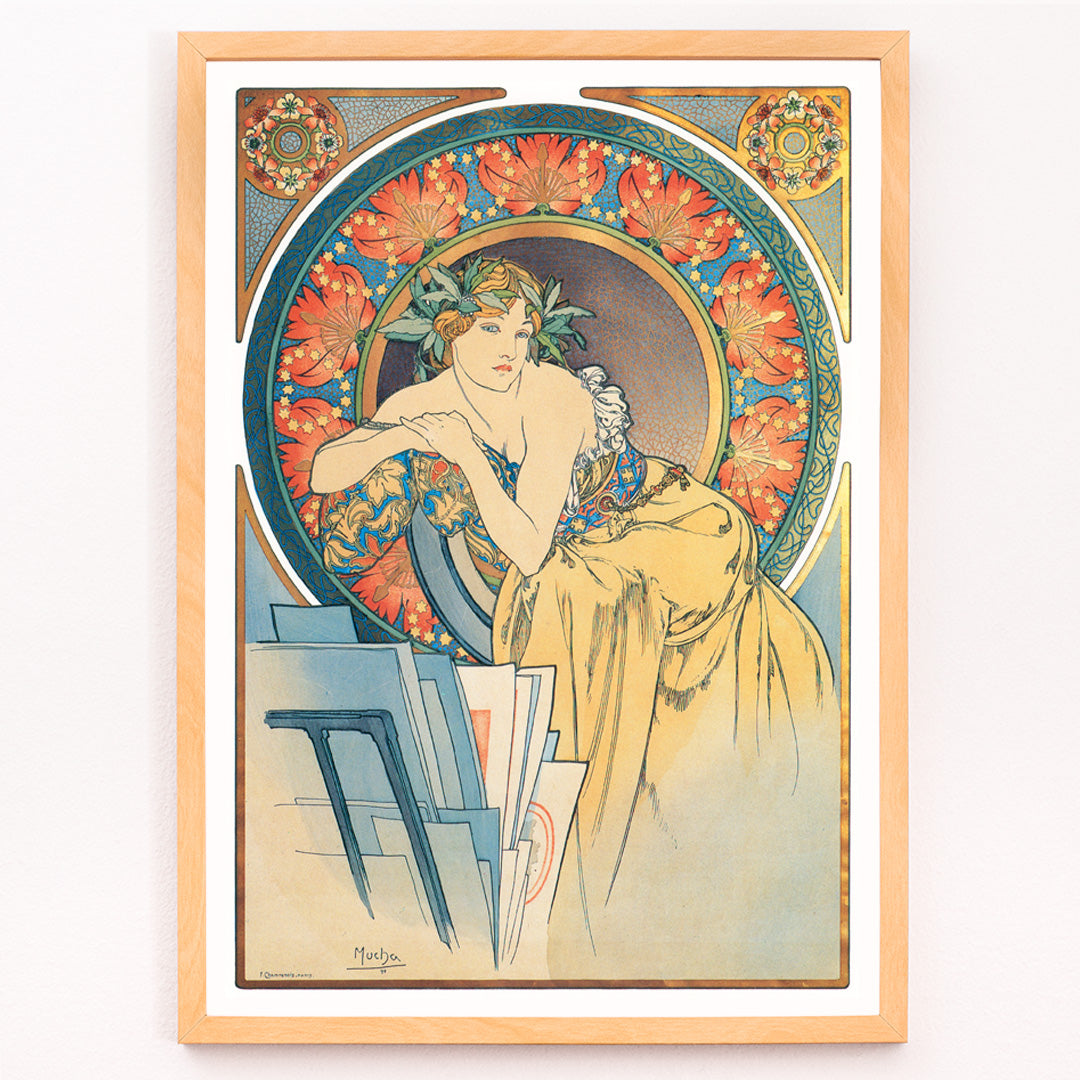 Closeup detail of Art Nouveau woman with poppies by Alphonse Mucha vintage illustration poster