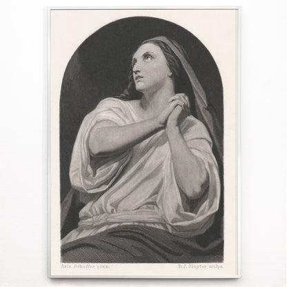 Closeup detail of Black and white artwork of a praying woman with folded hands and serene expression by Dirk Jurriaan Sluyter
