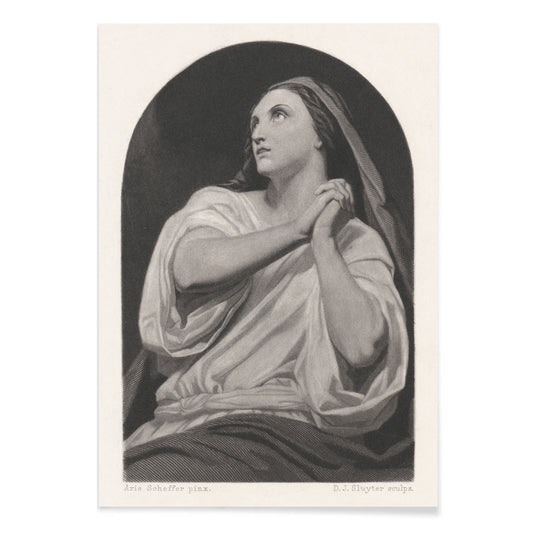 Black and white artwork of a praying woman with folded hands and serene expression by Dirk Jurriaan Sluyter, with black aluminium frame on white background