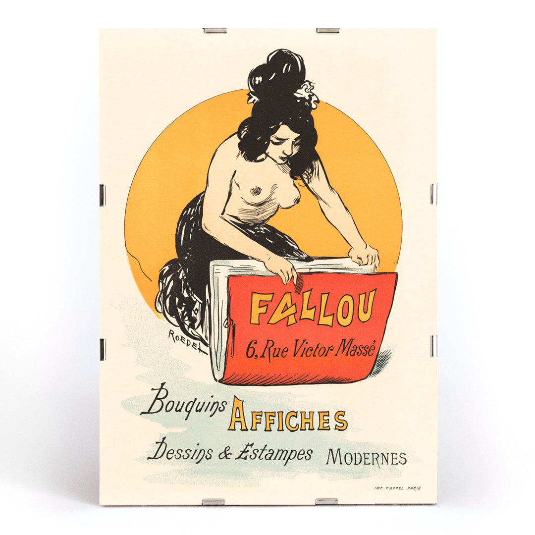 Vintage poster for book and print shop Fallou in Paris by Auguste Roedel featuring a woman with dark hair reading a large red book and holding a colorful book, framed and displayed in modern living room decor