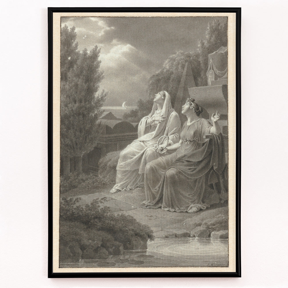 Closeup detail of Two women in classical attire seated outdoors gazing at the night sky artwork by Jacques Kuyper