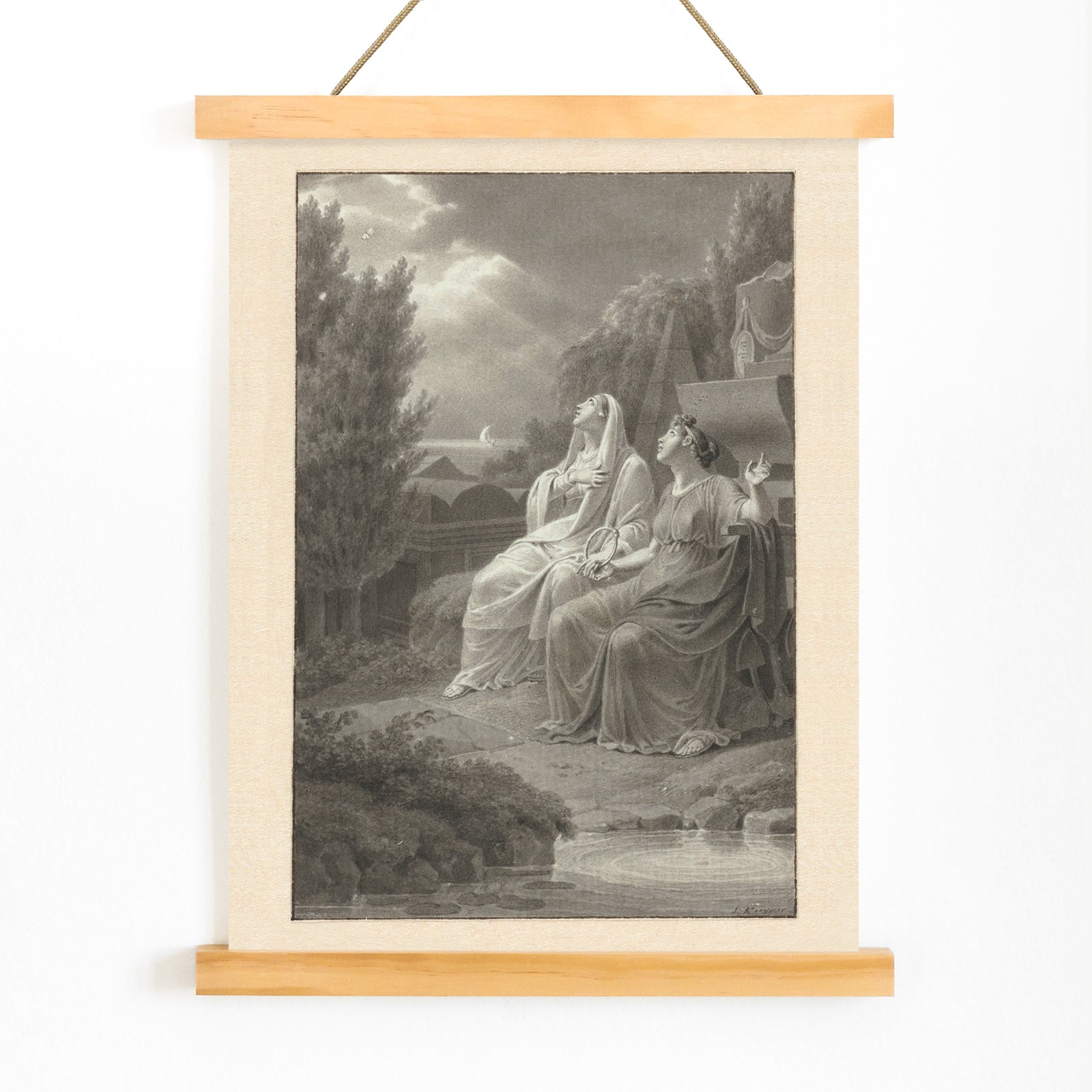 Two women in classical attire seated outdoors gazing at the night sky artwork by Jacques Kuyper, with wooden magnetic frame on white background