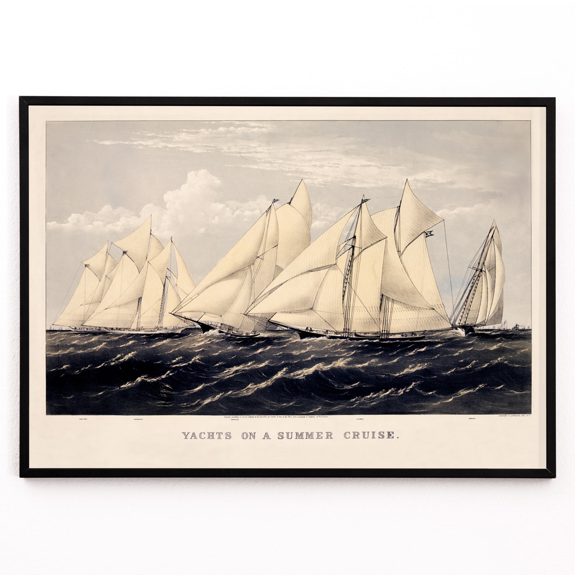 Closeup detail of Sailboats and yachts racing on the ocean under clear skies in Yachts on a Summer Cruise by Currier and Ives