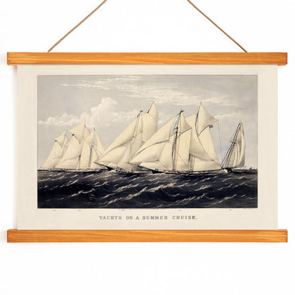Sailboats and yachts racing on the ocean under clear skies in Yachts on a Summer Cruise by Currier and Ives, with wooden magnetic frame on white background