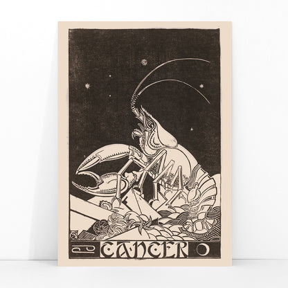 Artistic illustration and poster of Cancer zodiac sign with crab under stars by Henri van der Stok, framed and displayed in modern living room decor
