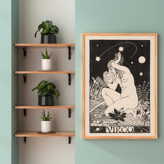 Art Nouveau poster of a nude Virgo woman with stars lilies and plants from Zodiac signs by Henri van der Stok, framed and displayed in home decor